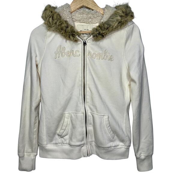 Abercrombie & Fitch Cream Tan Faux Fur Sherpa Hoodie Sweatshirt Jacket Womens L - Picture 1 of 10